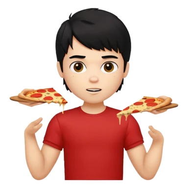 generate a pretty fair bratz boy with a messy mullet (black hair), wearing a red tshirt. eating pizza. He has big biceps sticker