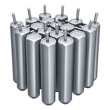 A bundle of thin uranium fuel rods used in a nuclear reactor, with a metallic silver or gray structure, cylindrical and slender rods, arranged in a hexagonal grid, realistic and industrial style, no green color, only metallic shades sticker