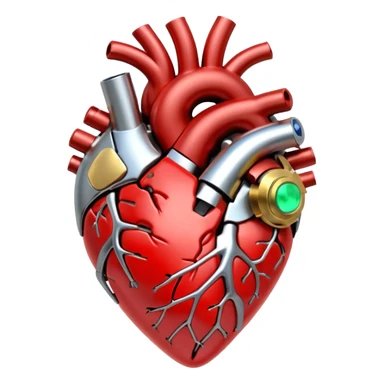 3D render of Mechanical Heart, futuristic cyborg aesthetic, fusion of organic skin and chrome metal, gold brass valves mixed with red muscle tissue, exposed wiring, emoji style, isolated on white background --v 6.0. sticker