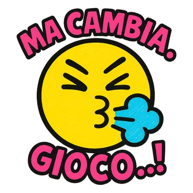 emoticon with a face blowing air, pop style, vibrant colors, with the text "MA CAMBIA GIOCO..!" sticker