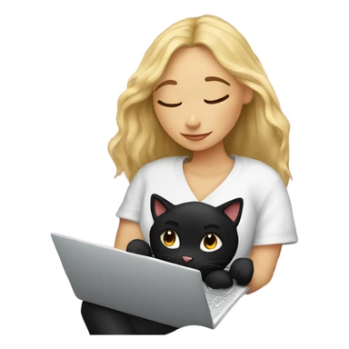 Blonde girl and black cat cozy under blanket with journal and laptop sticker