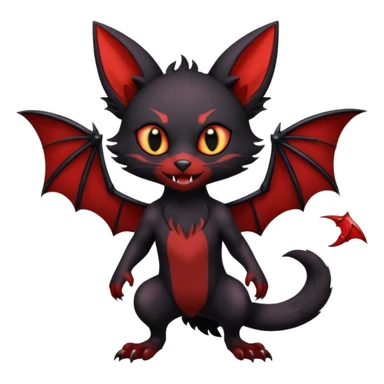 Vampiric Batty Black and Sanguine-red Noibat-Litten-Torracat-Lykoi-hybrid-fusion (full body) with big fangs, and bat-wings for ears sticker