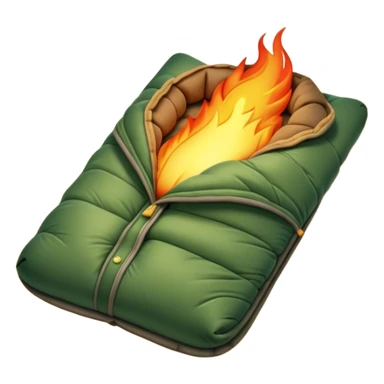 Cinematic Realistic Sleeping Bag, plush and slightly wrinkled, rich fabric texture catching the firelight, glowing with warmth and inviting coziness, nestled within a peaceful campsite. sticker