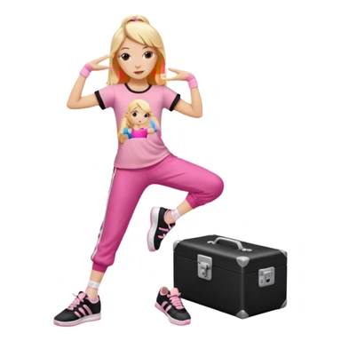 Hiphop dancer, with cute big pants, sneakers, and t-shirt. White girl blond. Coloufull shirt. No pocket pants. Dancing. Pink and black plain outfit. No sweatbands on the wrist, black music box behind her. Ballerina pose sticker