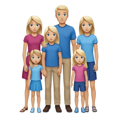 Familie: alle blauäugig, lang und schlank, Vater, Mutter( blond), zwei Mädchen( , 18-jährige hat braune Haare, 13 jährige hat blondes Haar), 2 Jungs( 9 und 6, der 9 Jährige hat dunkelblondes/braunes Haar, große blaue Augen, der 6 jährige ist hellblond und ziemlich frech).  sticker