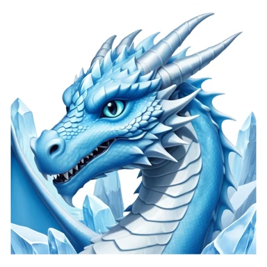 Cinematic Noble wise elegant Ice Dragon Portrait Emoji, Poised and imposing, distinct long elegant snout, with a slender, scaled body shimmering in glacial hues of icy blue, frostbitten silver, and crystalline white, breathing out frost, with piercing, glowing ice blue white eyes that radiate the chilling depths of an arctic storm; rendered in detail. excuding wisdom sticker