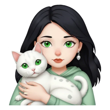 girl with black hair, green eyes, nose piercing, lip piercing hugs white cat with gray spots on head sticker