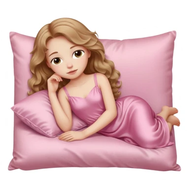 Sleeping beauty pale-skinned girl with light brown wavy hair, resting peacefully on a soft pink silk pillow on her side, wearing a pastel pink dress sticker