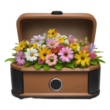 a Roomba positioned in a tiny casket with flowers sticker
