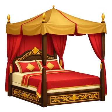 bed with red and gold sheets, wooden, canopy, simple, dark sticker