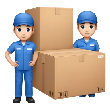 two suppliers standing together holding a big box, both wearing blue caps and blue work uniforms sticker