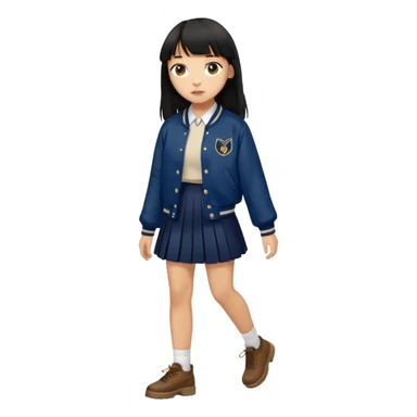 hair : black long hair with fringe 
skin : light 
outer : deep brown varsity jacket (oversize) 
skirt : navy long long school girl skirt (under knee)  
motion : walking alone 


 sticker