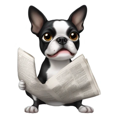 black and white boston terrier with a newspaper sticker