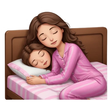 Brunette girl with long wavy brown hair with brown eyes and sleeping on a withe bed with cute pink pjs (just one whirl) and with closed eyes sticker
