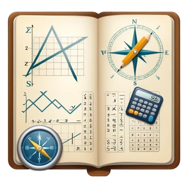 An icon featuring mathematical formulas, a calculator, and geometric shapes, symbolizing mathematics. The design includes a compass, a ruler, and a graph, representing the study of numbers, equations, and spatial relationships. Transparent background highlights the precision and logic of math. sticker