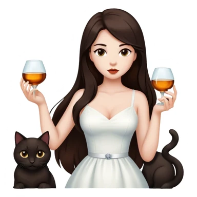 Beautiful woman in 1950’s woman fashion look, white dress, long dark brown hair, whisky with ice, black cat sticker
