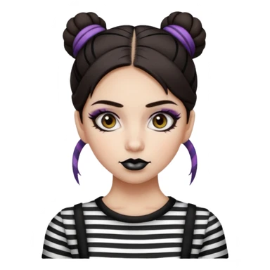 generate a pretty fair bratz girl with dark brown eyes. Dark brown hair straight hair with coloured highlights tied into buns.  eyeliner. black lipstick. Wearing a white and black striped top sticker