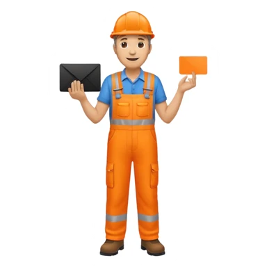 mature engineer hi-vis orange overalls standing full body holding a card sticker
