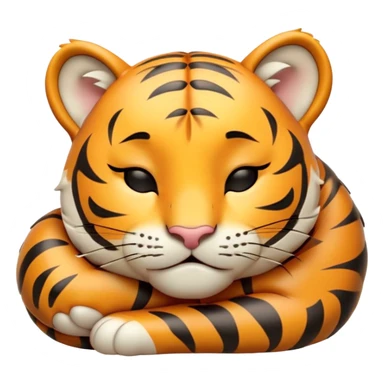 Meme-Worthy cute Sleeping Tiger Cub Portrait Emoji, Head resting peacefully with a contented smile, showcasing a luxuriously soft, striped form and eyes gently closed in serene slumber, Simplified yet comically adorable features, highly detailed, glowing with a soft, drowsy wild light, high shine, relaxed and utterly lovable, stylized with an air of playful laziness, bright and heartwarming, soft glowing outline, capturing the essence of a sleeping tiger cub that feels destined to become the next viral icon of adorable rest! sticker