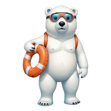 full body friendly anthropomorphised polar bear wearing swim suit and scuba goggles holding life buoy standing in puddle sticker