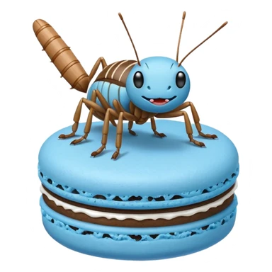 A cartoon cricket on a blue macaron with white frosting to be an icon image sticker