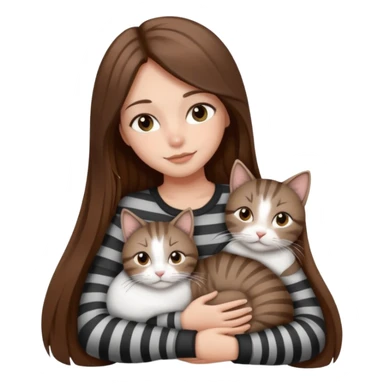 pretty girl with long brown hair snuggling 3 cats: grey and white, brown striped and black and white sticker