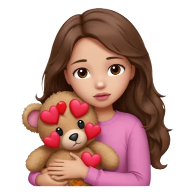 girl with long wavy brown hair, brown eyes, light to medium complexion, in a pink shirt, pink lips, long lashes, sad, hugging a teddy bear with a  heart sticker