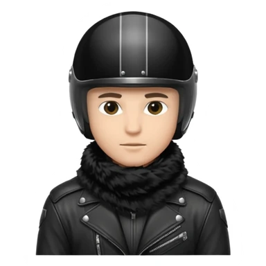 un homme avec un casque de moto totalement noir avec une écharpe en fourrure noir une chemise blanche et une jacket noir sticker