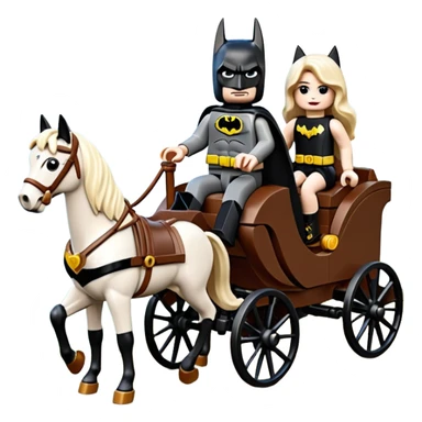  Ultra cute  Lego detailed 1854 Batman and pretty Catgirl driving a horse drawn family-size Caravan alone together on a romantic trail in the woods  sticker