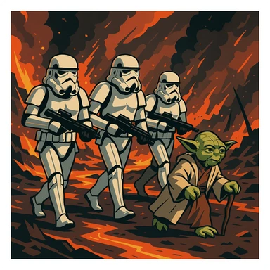 vector art of a Starwars stormtroopers is walking on lava planet with yoda, battleground background

 sticker