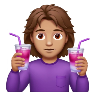 Man with fluffy mid long brown hair have in his hands double cup with pink-purple water with ice, man’s eyes are red , and his eyes has hazel colour  sticker
