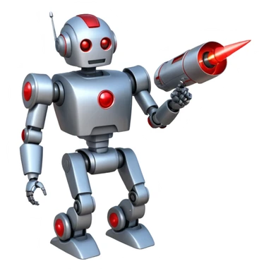 robot being hit with a red beam by a flying robot sticker