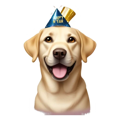 Labrador wearing new years eve Party hat with happy new year sticker