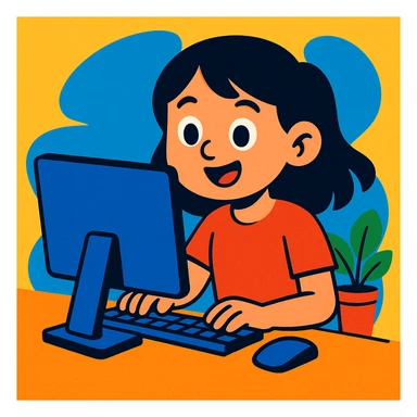 girl with black hair working on a computer, vibrant and friendly style sticker
