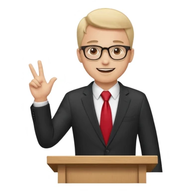 A professional clean-shaven man in a dark business suit and red tie standing behind a wooden podium, speaking confidently. A small microphone is placed on the podium. The man has glasses, a friendly smile, and open hand gestures. Soft studio lighting, neutral dark background, realistic emoji style. sticker