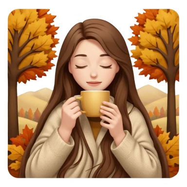 long brown hair woman closed eyes hiding under a cozy wool beige blanket, holding cup of coffee, autumn mood sticker