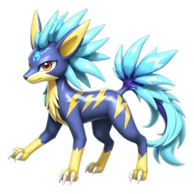 Shiny colorful exotic Feral Scaly Striking Slaying Badass Evil Handsome Lightning-patterned Zig-zagged buzzy fuzzy Meloetta-Renamon-Luxray-Cobalion-Suicune-Vernid-fusion-hybrid-creature, full body  sticker
