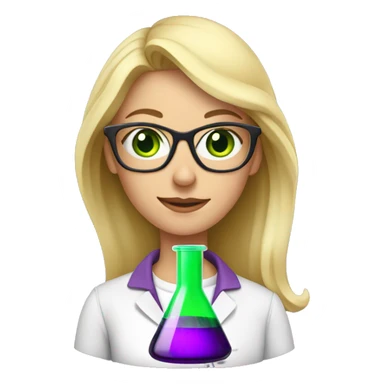 chemistry blonde woman holding a beaker containing a purple solution wearing glasses with green eyes sticker