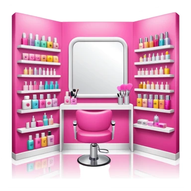 big beauty salon showcase with well-organized brand-labeled beauty products on a white shelves, emoji style, with a nearby hairstylist chair in pink color and a big mirror, more details sticker