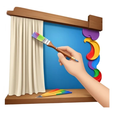 Hand holding a paintbrush over a 3D room model, with a wooden beam, theater curtain, ruler, and color palette swirling in a creative orbit sticker