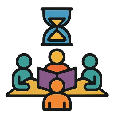 minimalist icon of players and a game master collaborating around a table or DM screen, with a clock or hourglass representing a multi-day marathon, worn and distressed look sticker