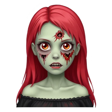 Garota zumbi com cabelo liso longo e mechas vermelhas na lateral da cabeça dos dois lados, usando uma blusa com manga caida preta sticker