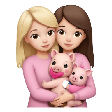 Girlfriends, blonde and brunette, hugging each other with a teddy bear and a little pig sticker