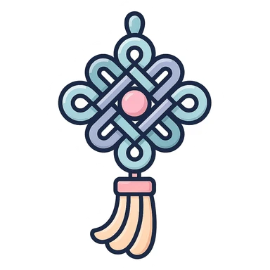 Chinese happiness knot with tassel, icon-color-outlined style, detailed shadows and highlights, thin clean contours, soft rounded shapes, pastel palette #98B5BC, #B5B3C1, #C9A3C9, #E4C0CA, #F7DCD1, #F7C0AA, modern Japanese pop art and sticker aesthetics, high detail, vector sharpness, soft lighting, transparent background sticker