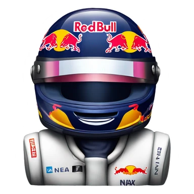 Tiny formula 1 Red Bull race car with Huge Nax Verstappen helmet sticking out of the cockpit sticker