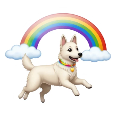 White belgian Shepard jumping Cheerful  over Rain puddles. There is a rainbow in the sky sticker