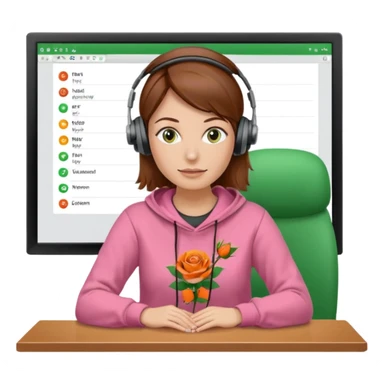 woman, brown hair, middle european, wearing a headset and rose sweatshirt. sitting in the office. she is controling limits on screen: green = ok, orange = bald überschritten, re = limite überschritten sticker