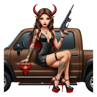 Lilith model red eye sexy black  devil horns.  long brown haired sexy succubus woman with leather long dress slit, sitting in Big Large F350 pickup truck. Black Platform high heels on feet. Tattoo sleeve arms, dead human skull of her ex skull is on top of stack of cash and a gun in  hand sticker