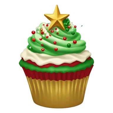Christmas cupcake with a swirl of red and green frosting, snowflake sprinkles, and a gold star on top sticker