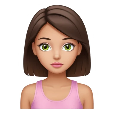 Create a teen girl wearing a light pink tank top. She will have brunette hair, tan skin, pink lips, and grey-green eyes. She has long eyelashes. sticker